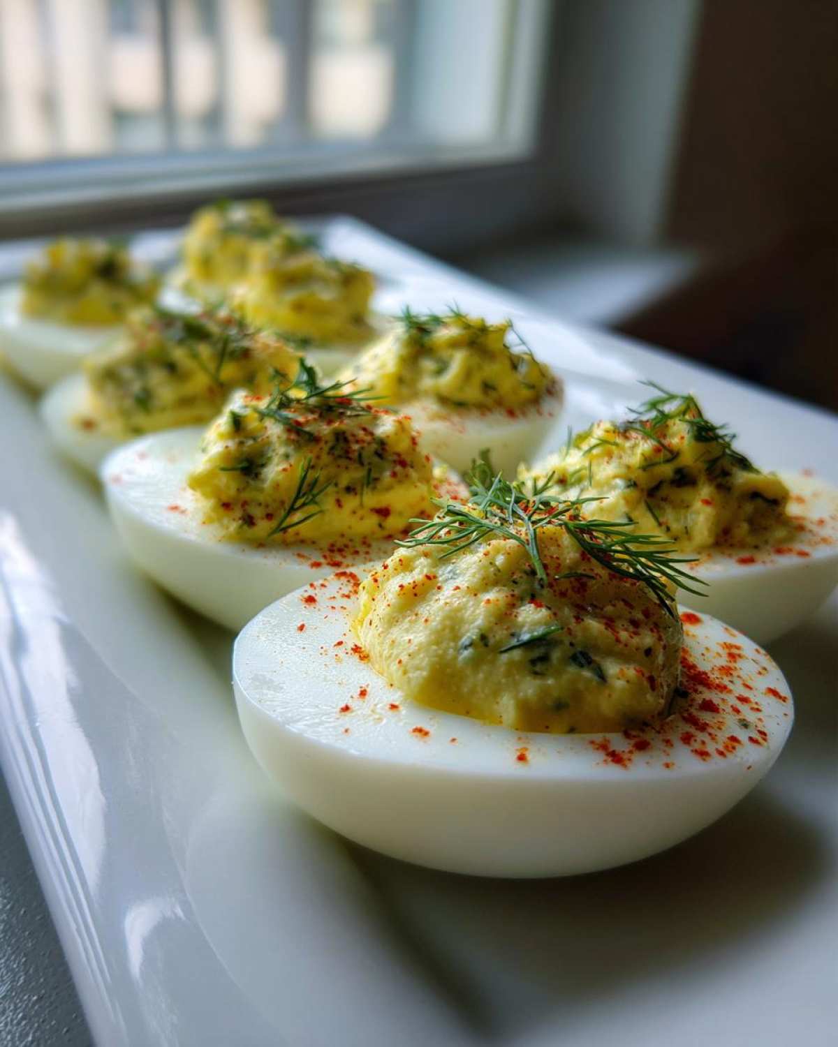 Close-up of Classic Deviled Eggs with Dill Pickle Relish, garnished with fresh dill and paprika.