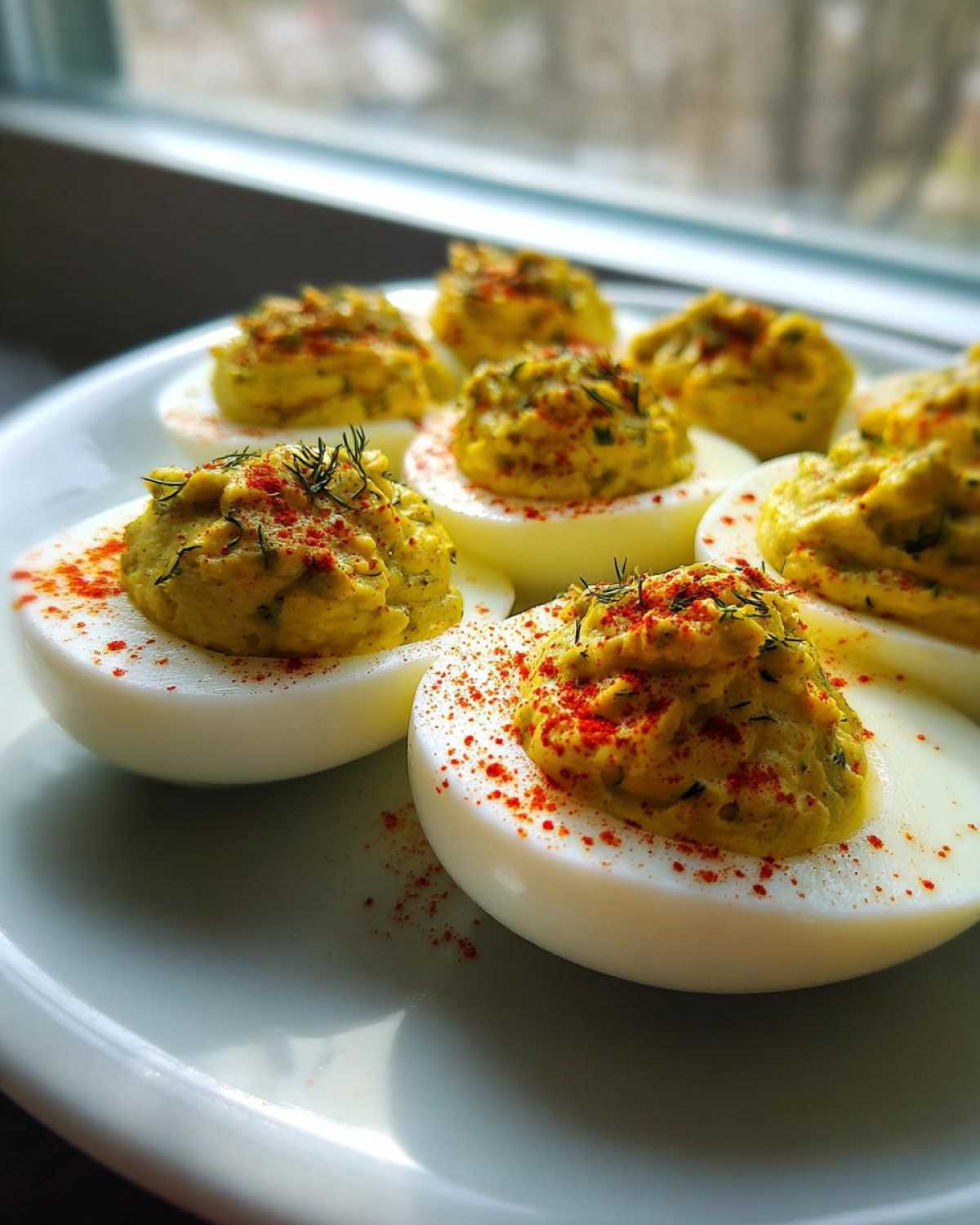 A plate of Classic Deviled Eggs with Dill Pickle Relish, topped with paprika and fresh dill.