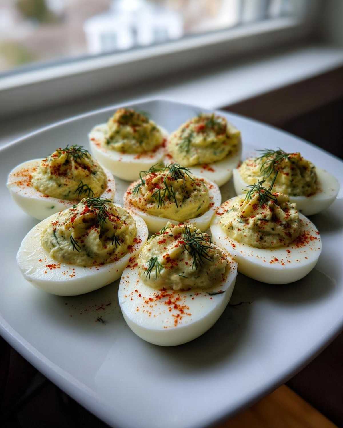 Seven halves of Classic Deviled Eggs with Dill Pickle Relish, garnished with paprika and fresh dill, arranged on a white plate.