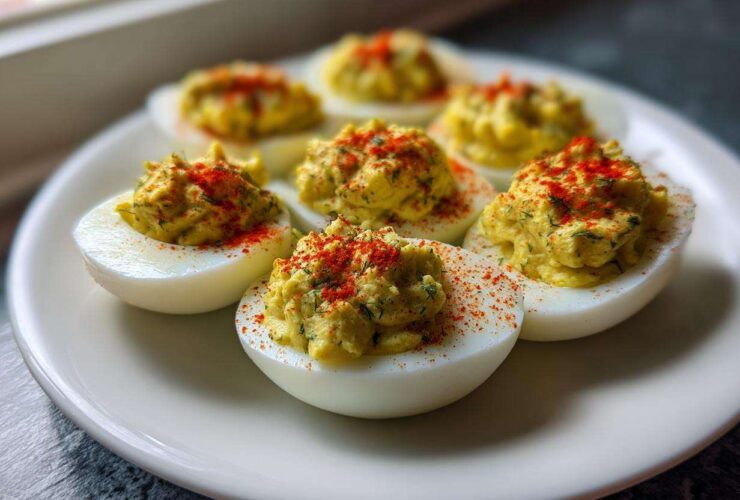 Six halves of Classic Deviled Eggs with Dill Pickle Relish, topped with paprika, arranged on a white plate.