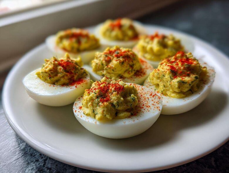 Six halves of Classic Deviled Eggs with Dill Pickle Relish, topped with paprika, arranged on a white plate.
