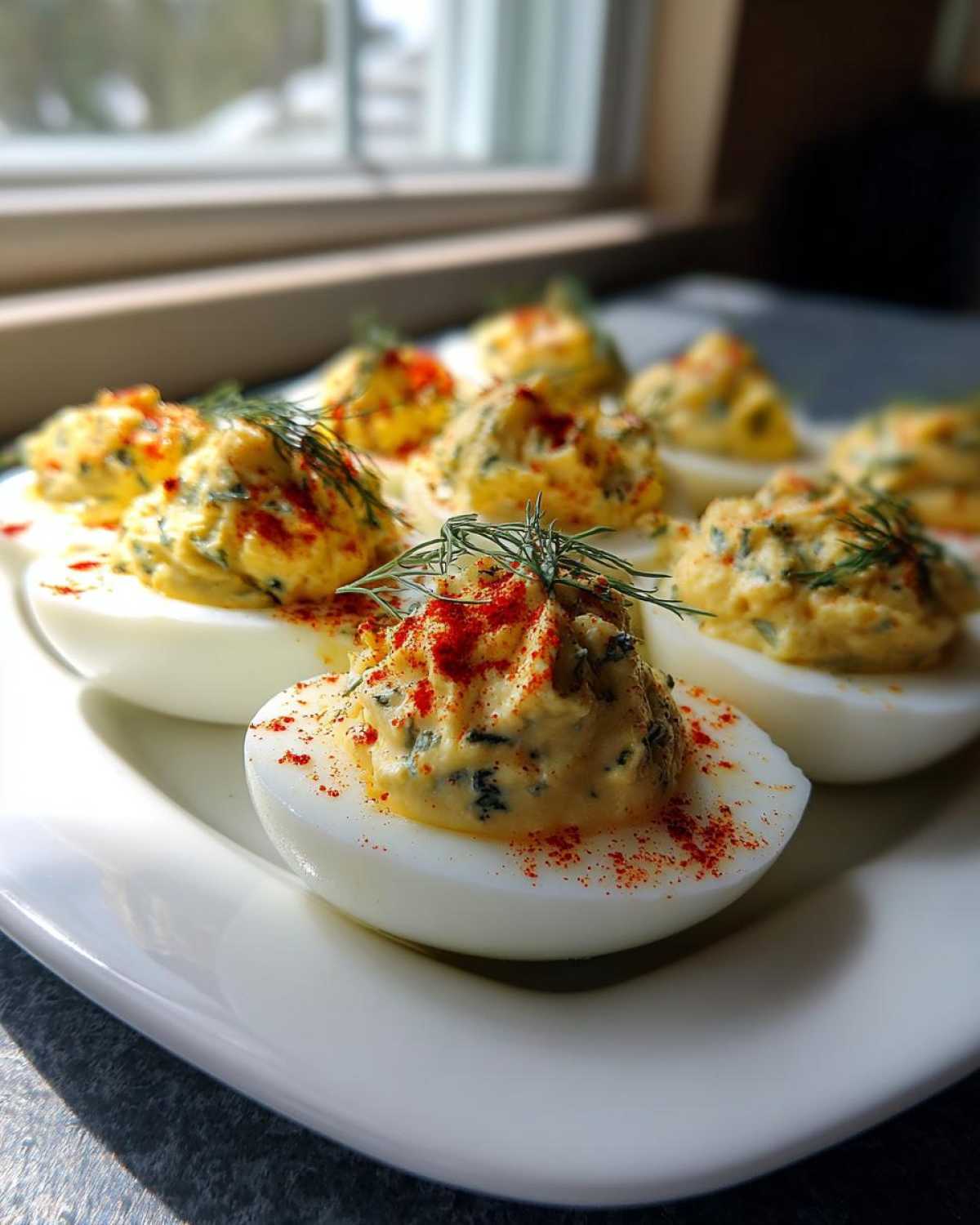 A platter of Classic Deviled Eggs with Dill Pickle Relish, garnished with paprika and fresh dill.