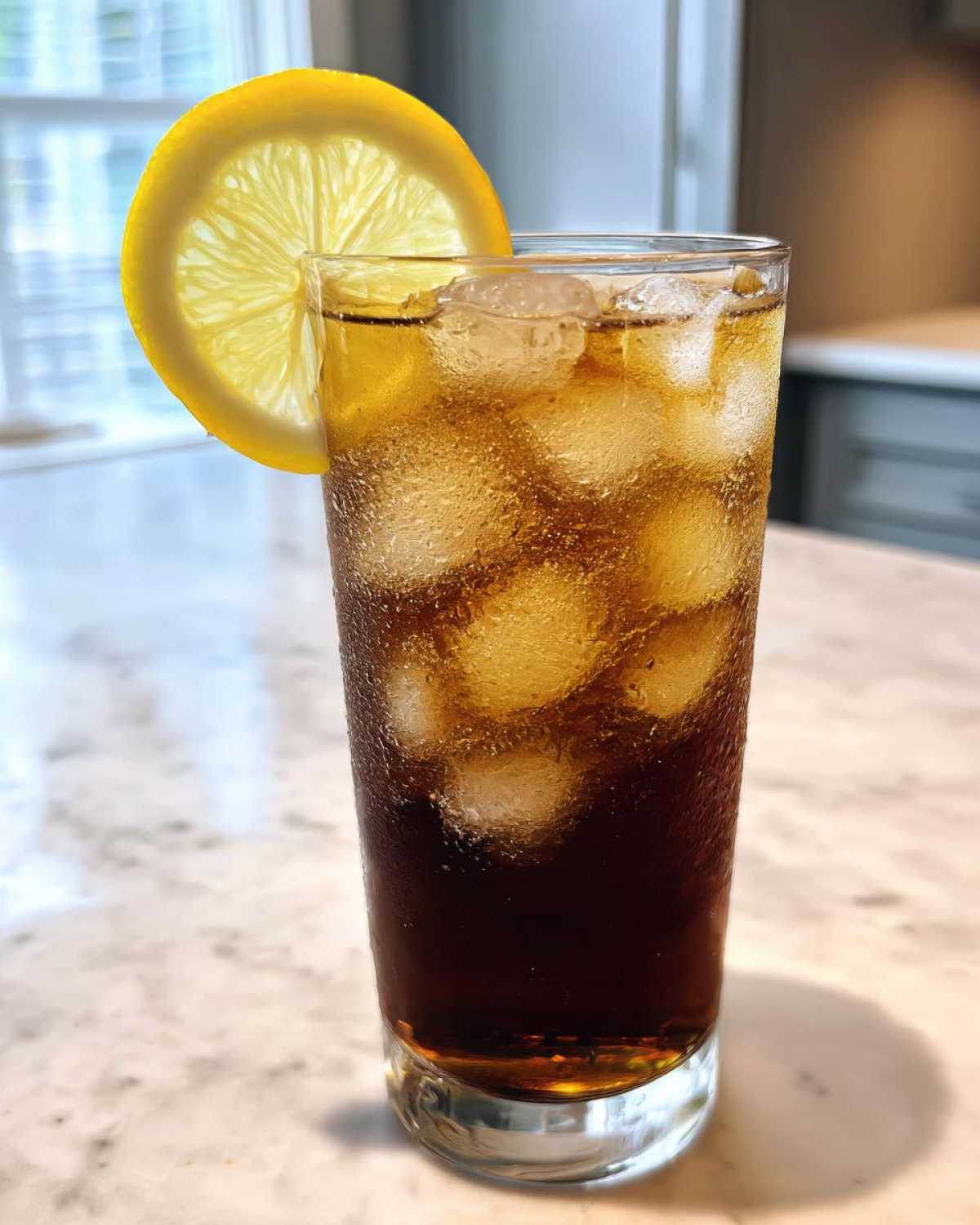 A tall glass filled with ice and dark Cold Brew Lemonade, garnished with a bright lemon slice.