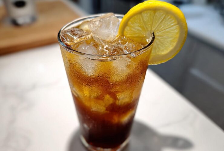 A tall glass filled with iced Cold Brew Lemonade, showing condensation and garnished with a bright lemon slice.