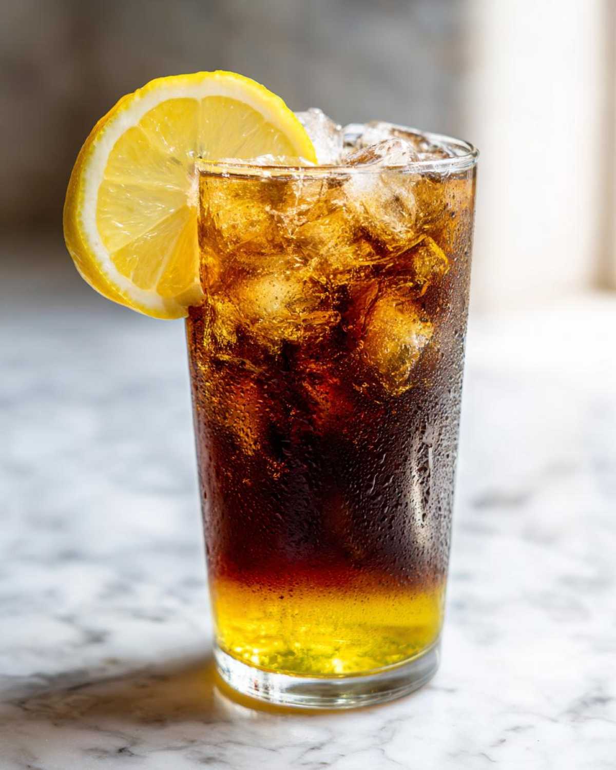A tall glass of layered Cold Brew Lemonade over ice, garnished with a fresh lemon slice.