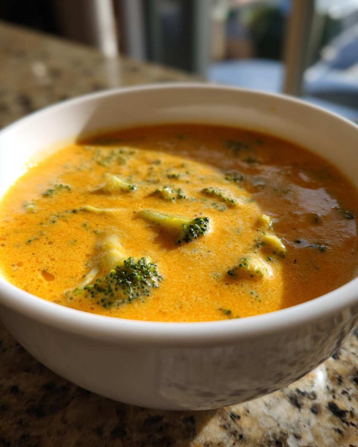 Close-up of a white bowl filled with vibrant orange Copycat Broccoli Cheddar Soup featuring visible pieces of green broccoli florets.