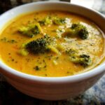 Close-up of a creamy, orange-yellow bowl of Copycat Broccoli Cheddar Soup with visible florets.