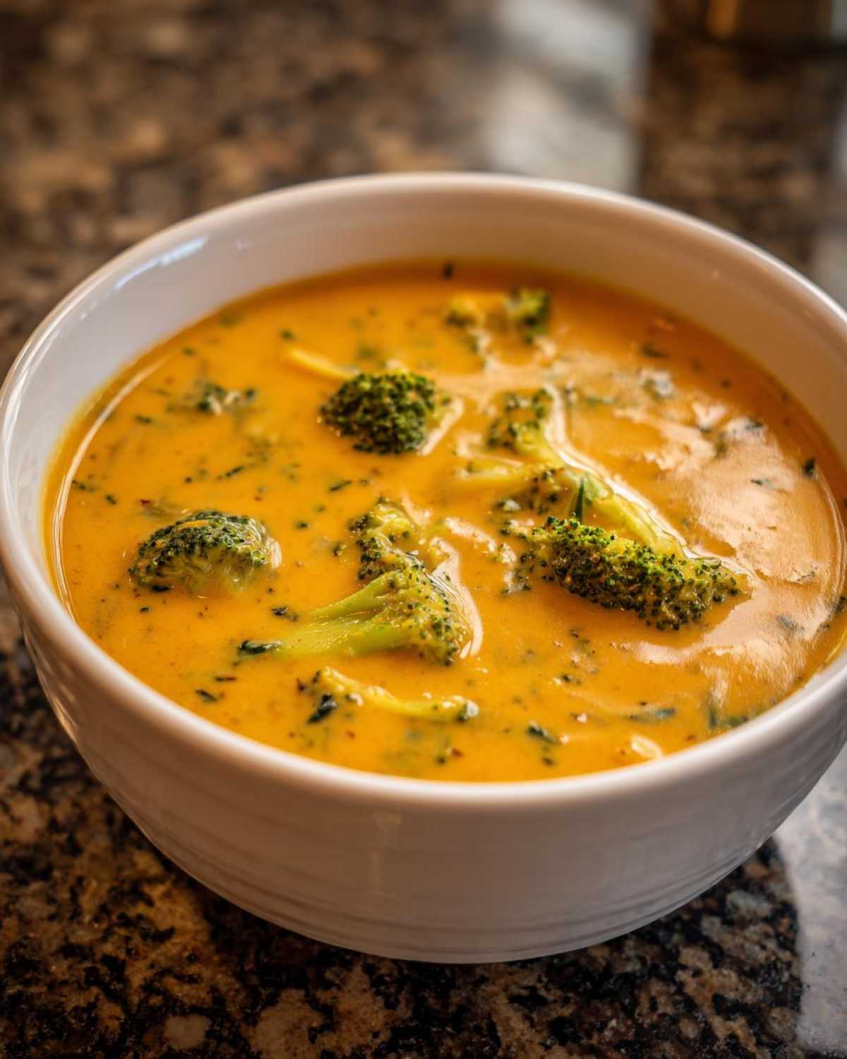 Close-up of a creamy, orange-hued bowl of Copycat Broccoli Cheddar Soup with visible broccoli florets.