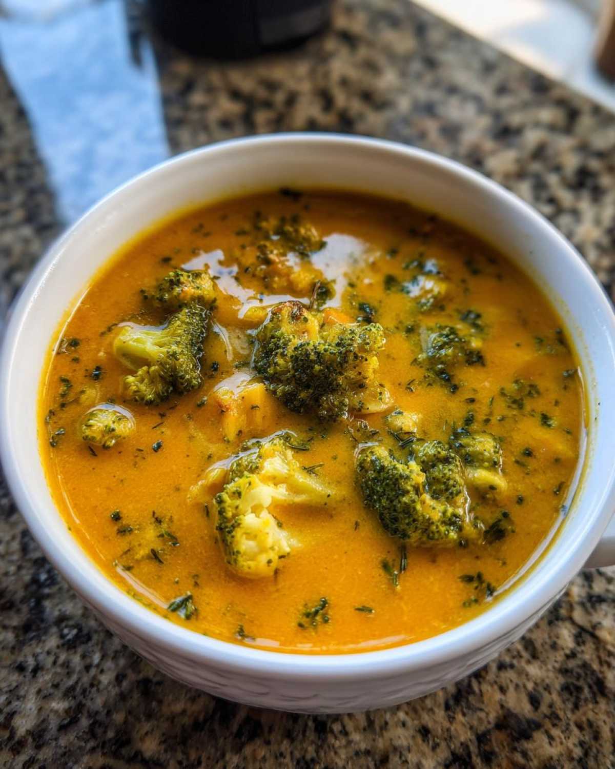 Close-up of a white bowl filled with vibrant orange Copycat Broccoli Cheddar Soup, featuring chunks of broccoli and herbs.