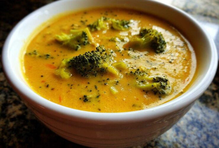 Close-up of a creamy, orange-yellow bowl of Copycat Broccoli Cheddar Soup with visible florets.