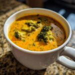 Close-up of creamy, orange Copycat Broccoli Cheddar Soup topped with vibrant green broccoli florets in a white mug.