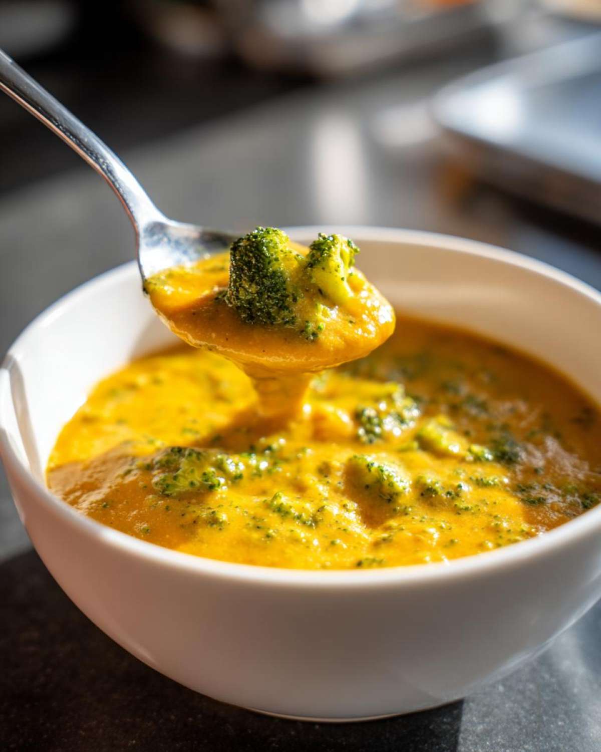 A spoonful of thick, bright orange Copycat Broccoli Cheddar Soup being lifted from a white bowl, showing chunks of green broccoli.