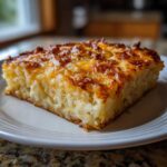 A square slice of creamy Copycat Cracker Barrel Hashbrown Casserole with a golden, crispy cheese topping.