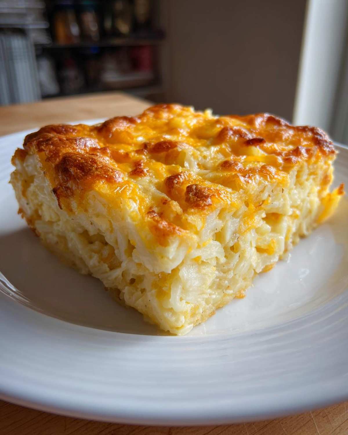 A golden-brown slice of Copycat Cracker Barrel Hashbrown Casserole with melted cheese on top, served on a white plate.