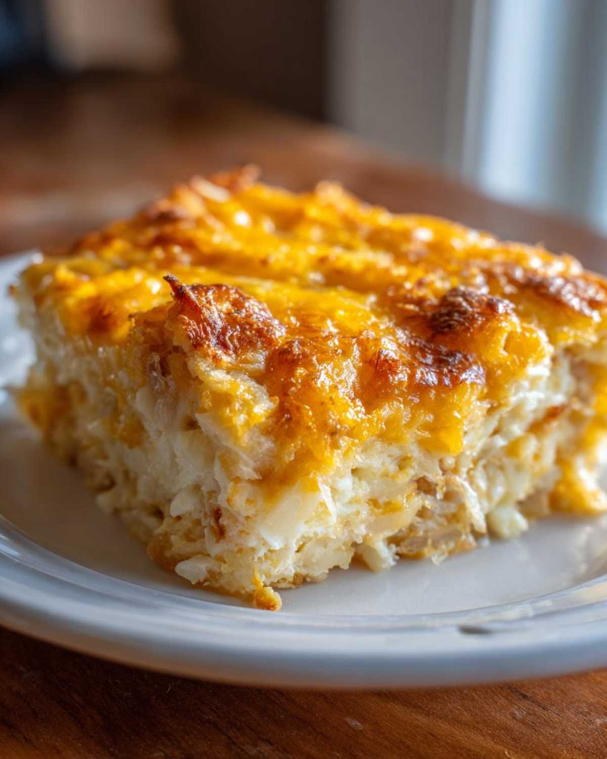 A close-up of a cheesy, baked slice of Copycat Cracker Barrel Hashbrown Casserole on a white plate.