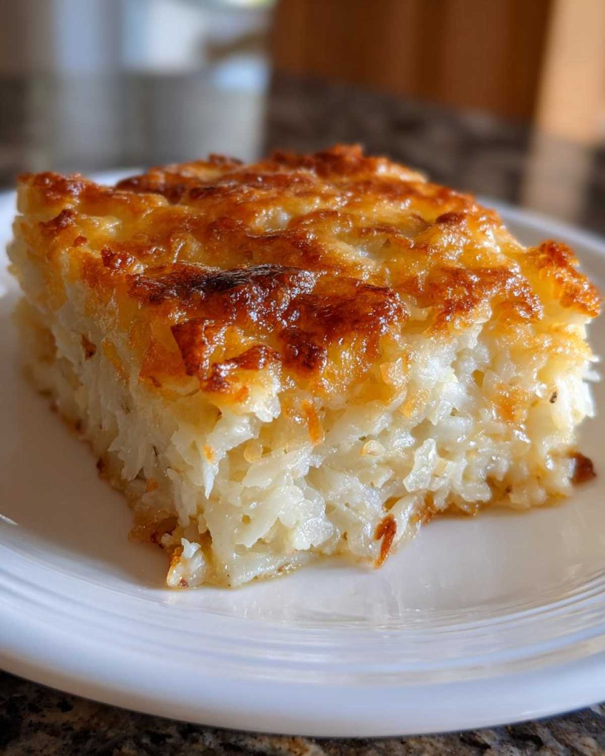 A close-up of a square serving of Copycat Cracker Barrel Hashbrown Casserole with a golden-brown, cheesy crust.