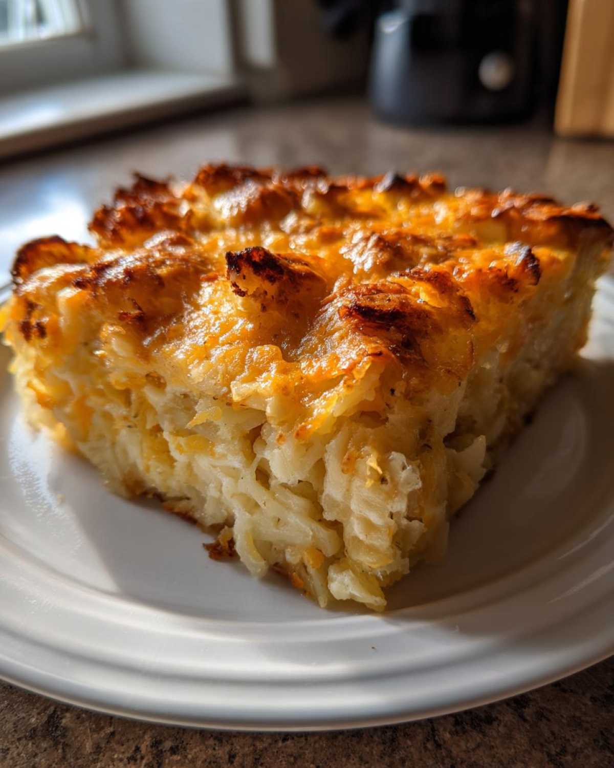 A square serving of Copycat Cracker Barrel Hashbrown Casserole with a golden, browned cheese topping.