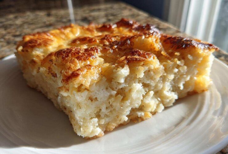 A thick, golden-brown slice of creamy Copycat Cracker Barrel Hashbrown Casserole served on a white plate.