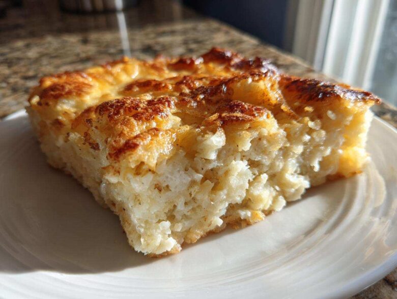 A thick, golden-brown slice of creamy Copycat Cracker Barrel Hashbrown Casserole served on a white plate.