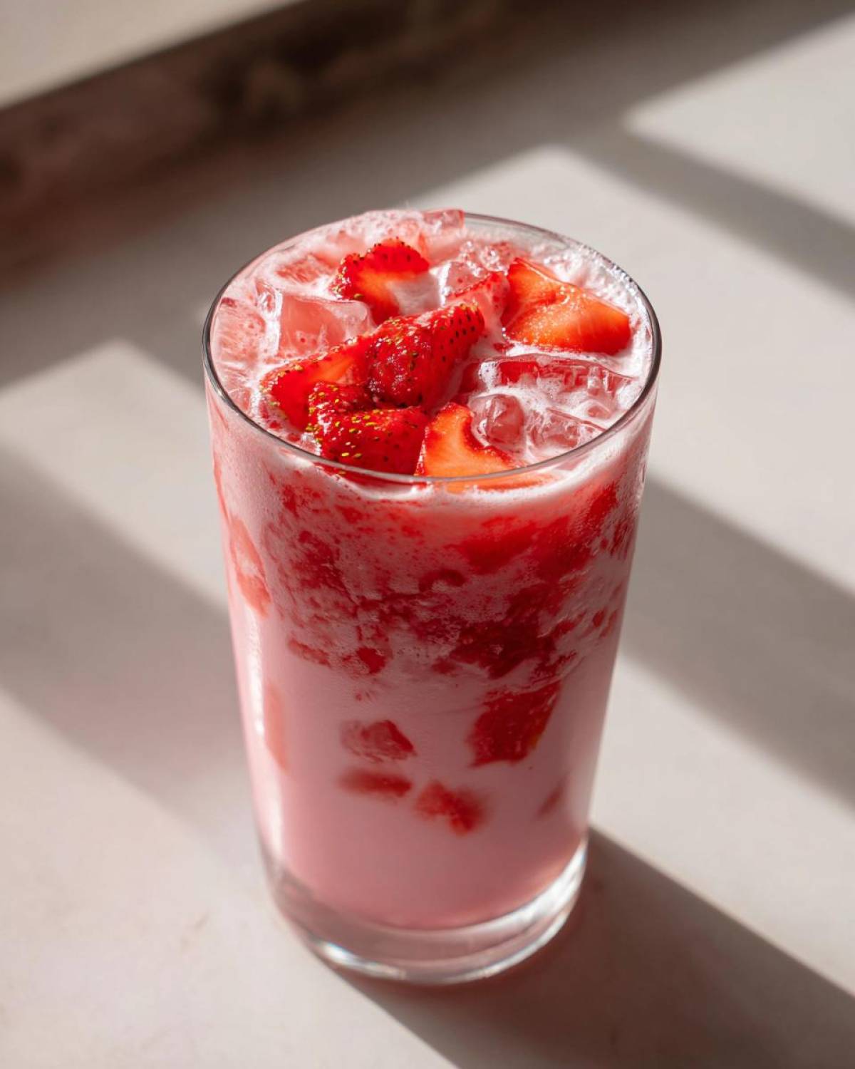 A tall glass filled with a pink, creamy Copycat Starbucks Pink Drink, topped with ice and fresh strawberry slices.