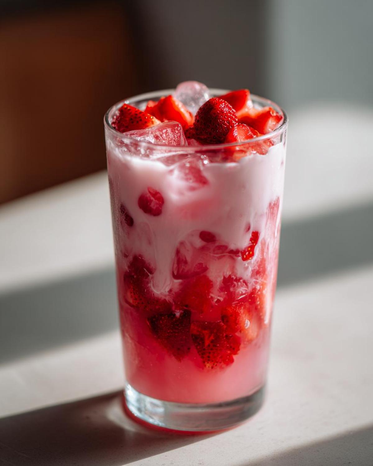 A tall glass filled with the Copycat Starbucks Pink Drink, featuring layers of pink liquid, white coconut milk swirl, ice, and fresh strawberry pieces.