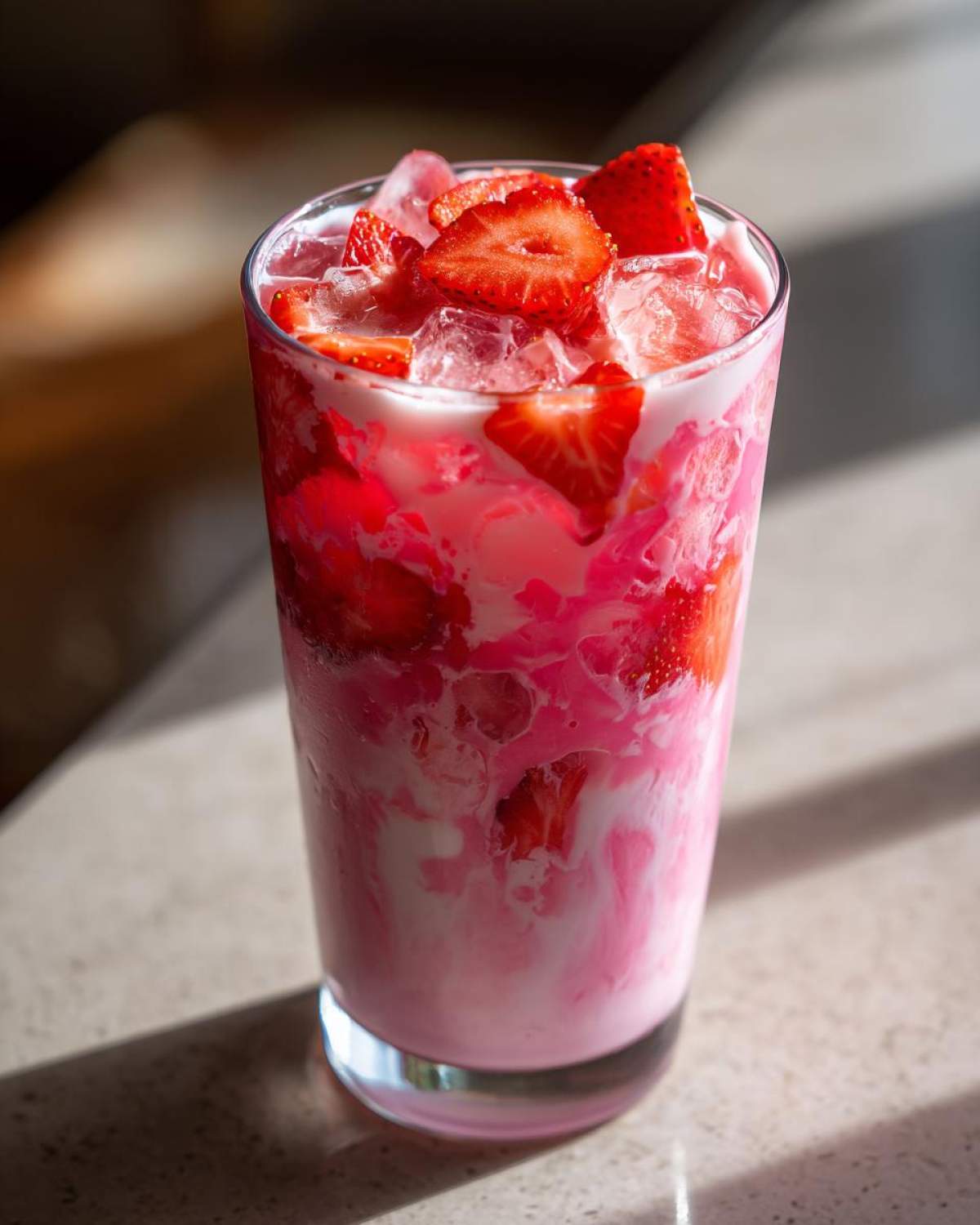 Close-up of a tall glass filled with a vibrant pink and white Copycat Starbucks Pink Drink, topped with ice and fresh strawberry slices.