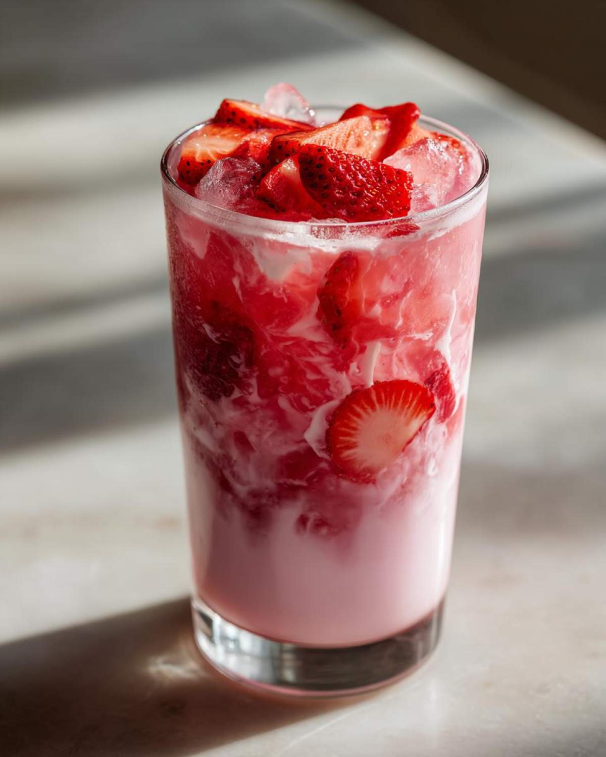 A tall glass filled with the vibrant pink Copycat Starbucks Pink Drink, layered with ice and topped with sliced fresh strawberries.