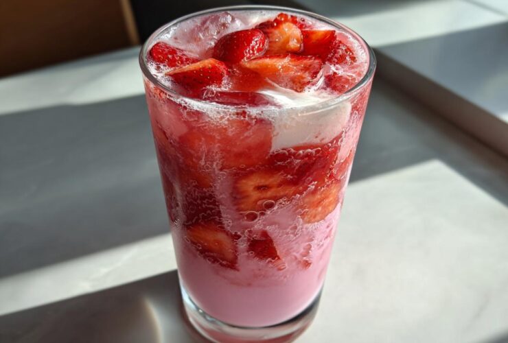 Close-up of a tall glass filled with a pink, layered Copycat Starbucks Pink Drink, topped with sliced strawberries and ice.