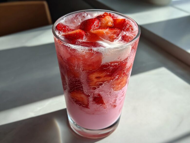 Close-up of a tall glass filled with a pink, layered Copycat Starbucks Pink Drink, topped with sliced strawberries and ice.