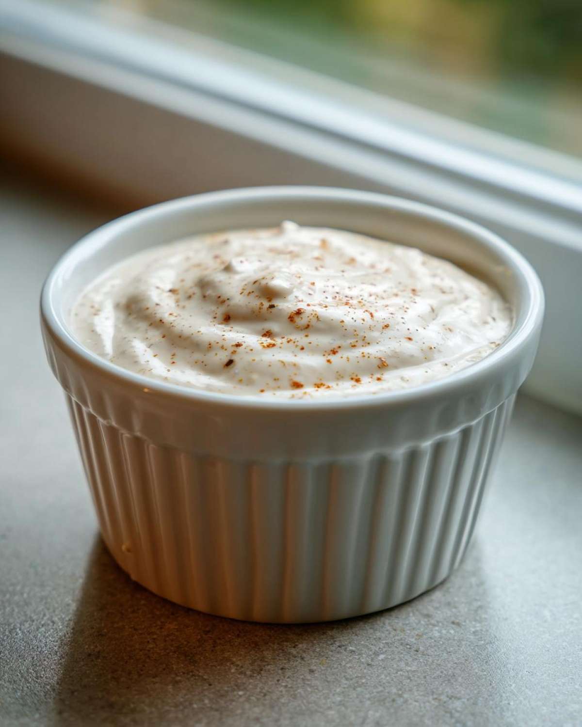 A white ramekin filled with creamy Copycat Taco Bell Chicken Quesadilla Sauce, sprinkled with spices.