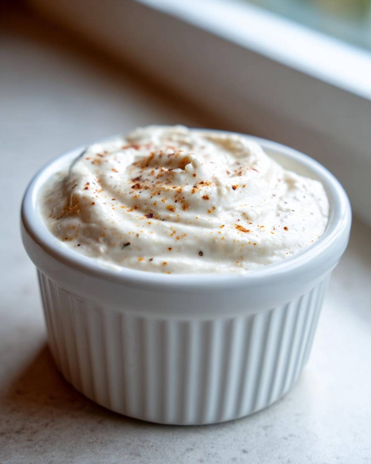 Close-up of creamy Copycat Taco Bell Chicken Quesadilla Sauce sprinkled with spices in a white ramekin.