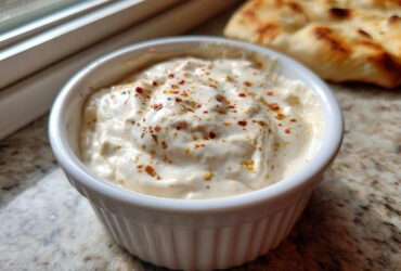 Creamy Copycat Taco Bell Chicken Quesadilla Sauce topped with red pepper flakes in a white bowl.