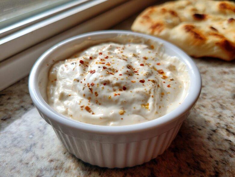 Creamy Copycat Taco Bell Chicken Quesadilla Sauce topped with red pepper flakes in a white bowl.