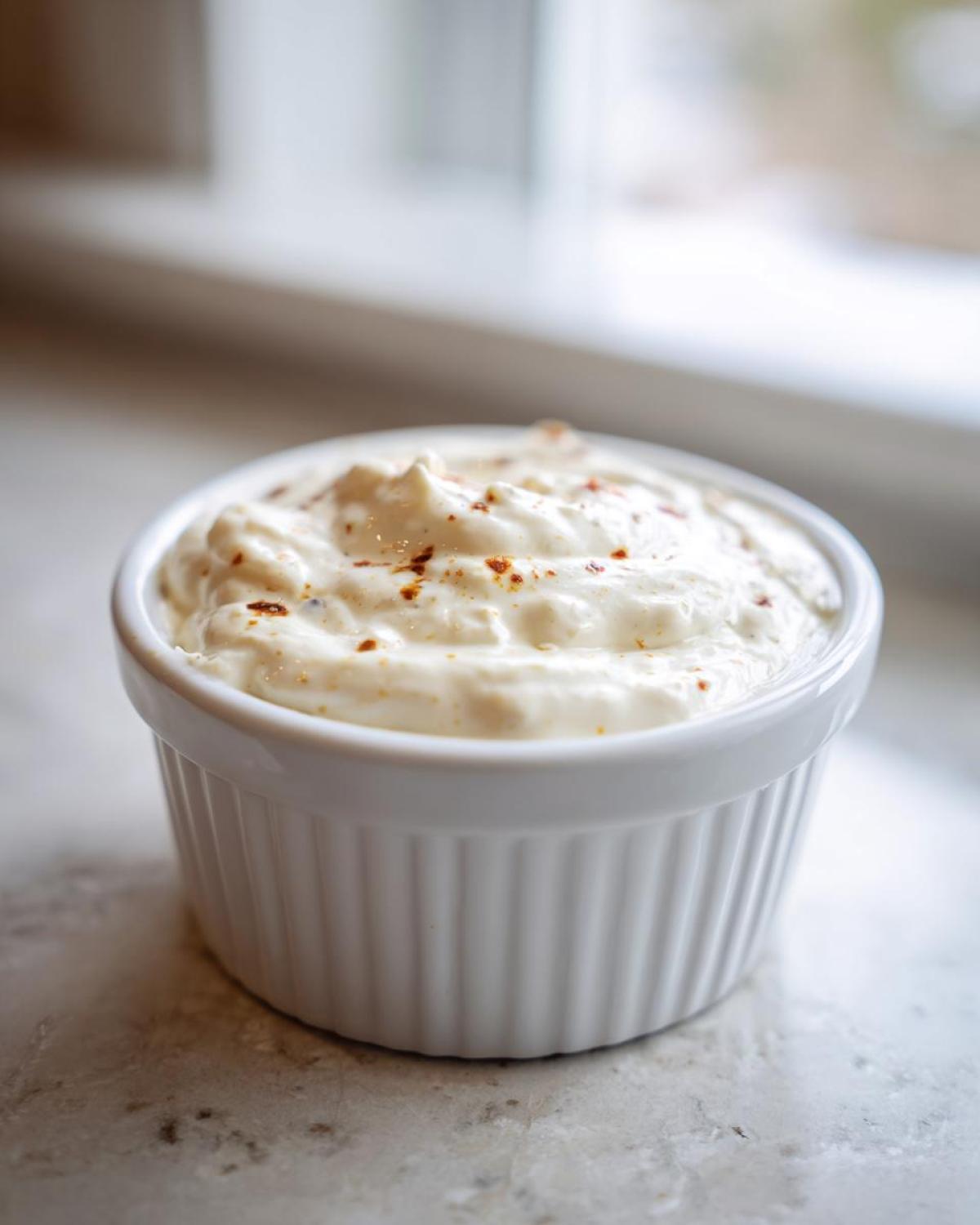 Close-up of creamy Copycat Taco Bell Chicken Quesadilla Sauce topped with spices in a white ramekin.