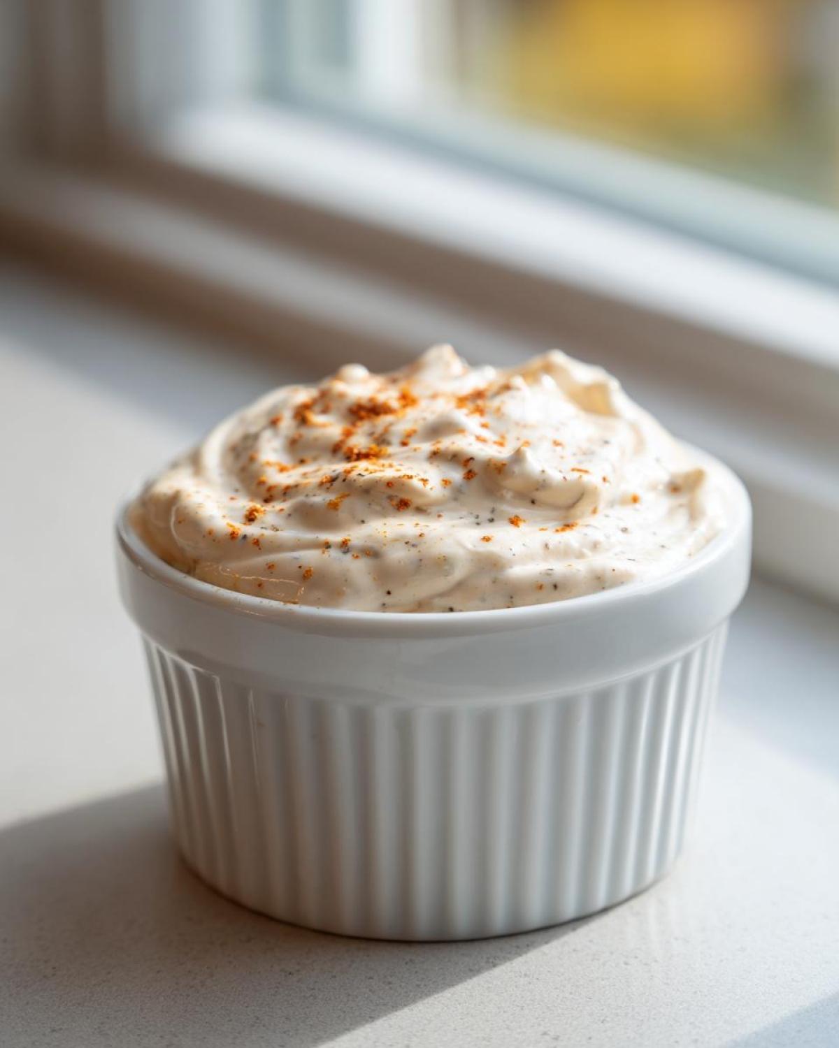 Creamy Copycat Taco Bell Chicken Quesadilla Sauce topped with paprika in a white ramekin.