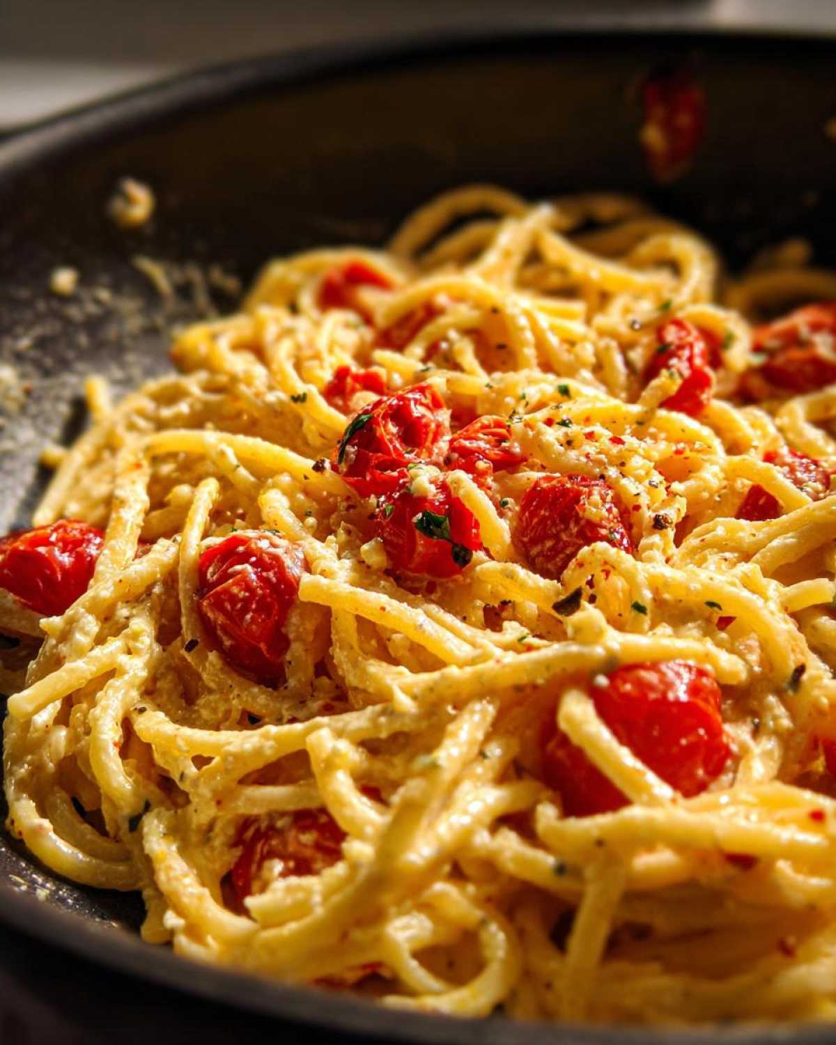 Close-up of creamy spaghetti coated in sauce mixed with roasted cherry tomatoes, characteristic of Baked Feta Pasta.
