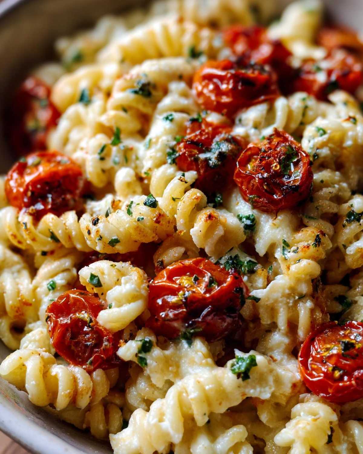 Close-up of creamy Baked Feta Pasta with fusilli noodles, melted feta cheese, and roasted cherry tomatoes.