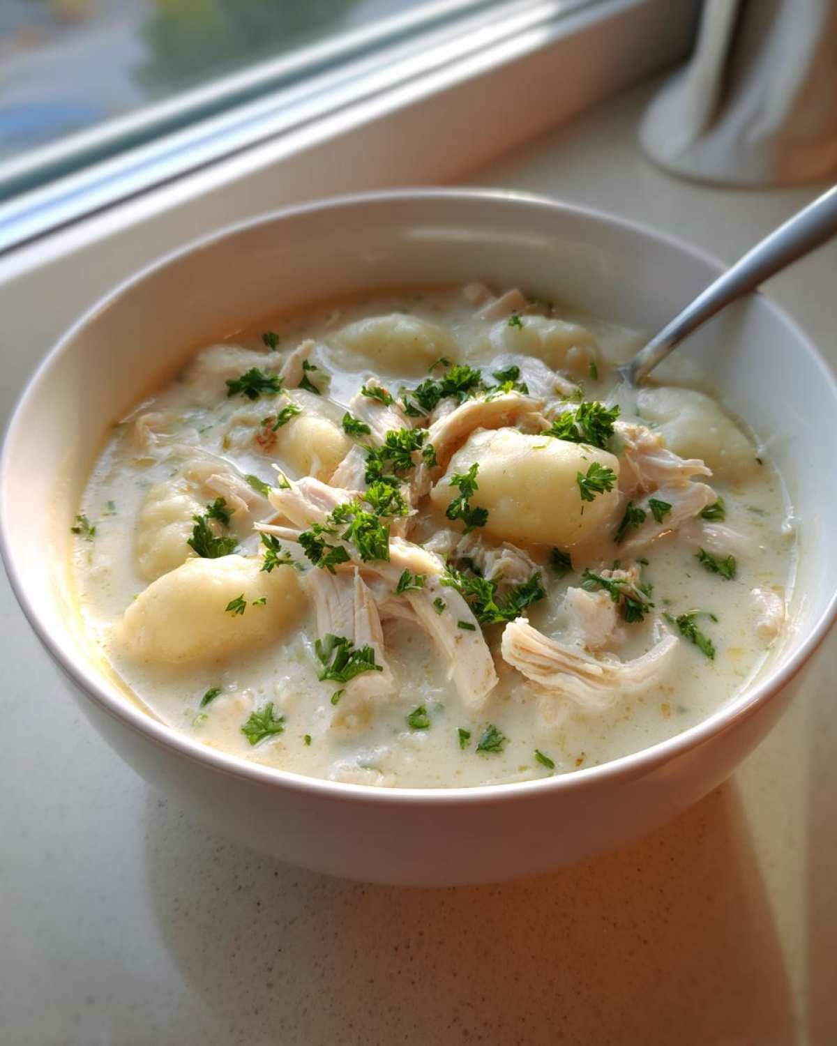 A close-up of a white bowl filled with Creamy Chicken Gnocchi Soup, topped with shredded chicken and fresh parsley.