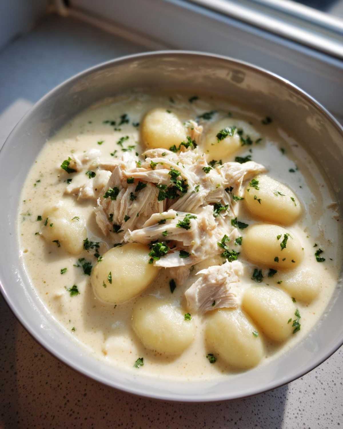 A close-up bowl of creamy chicken gnocchi soup topped with shredded chicken and fresh parsley.