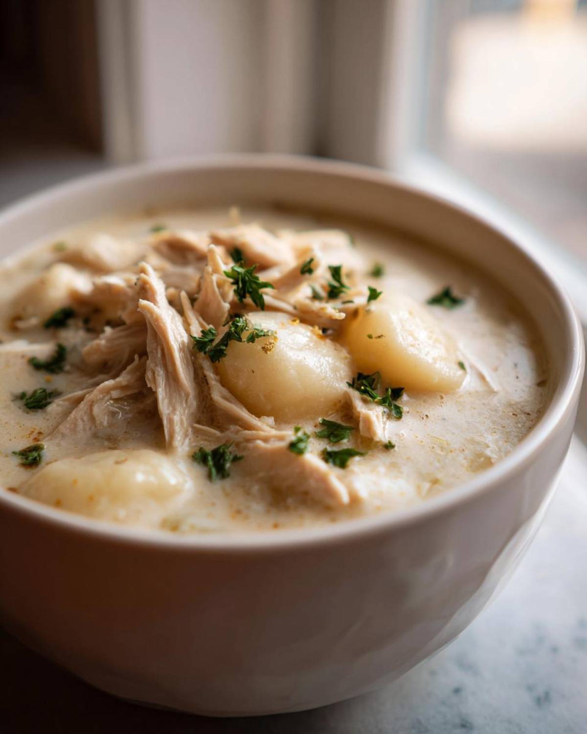 Close-up of a white bowl filled with rich Creamy Chicken Gnocchi Soup, topped with shredded chicken and fresh parsley.