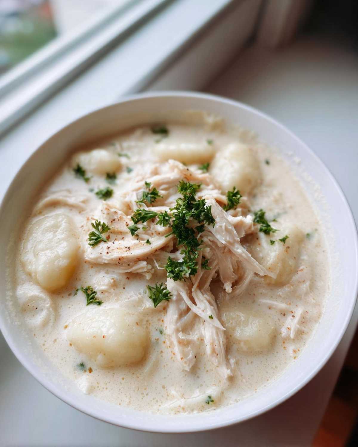 A close-up of a white bowl filled with rich Creamy Chicken Gnocchi Soup, topped with shredded chicken and fresh parsley.