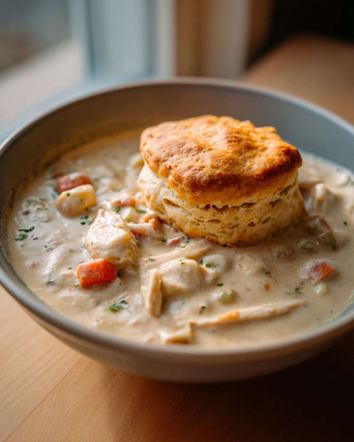A bowl of creamy Chicken Pot Pie Soup topped with a golden, flaky biscuit.