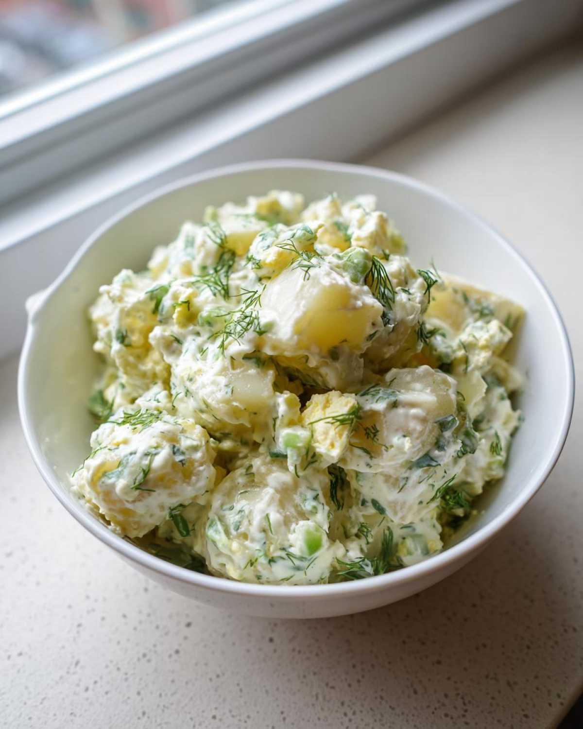 A white bowl filled with fresh Creamy Dill Potato Salad, garnished generously with fresh dill fronds.
