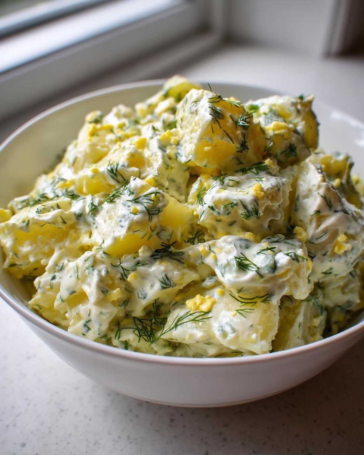 A close-up view of chunky potatoes coated in a creamy dressing with visible chopped eggs and fresh dill, representing Creamy Dill Potato Salad.