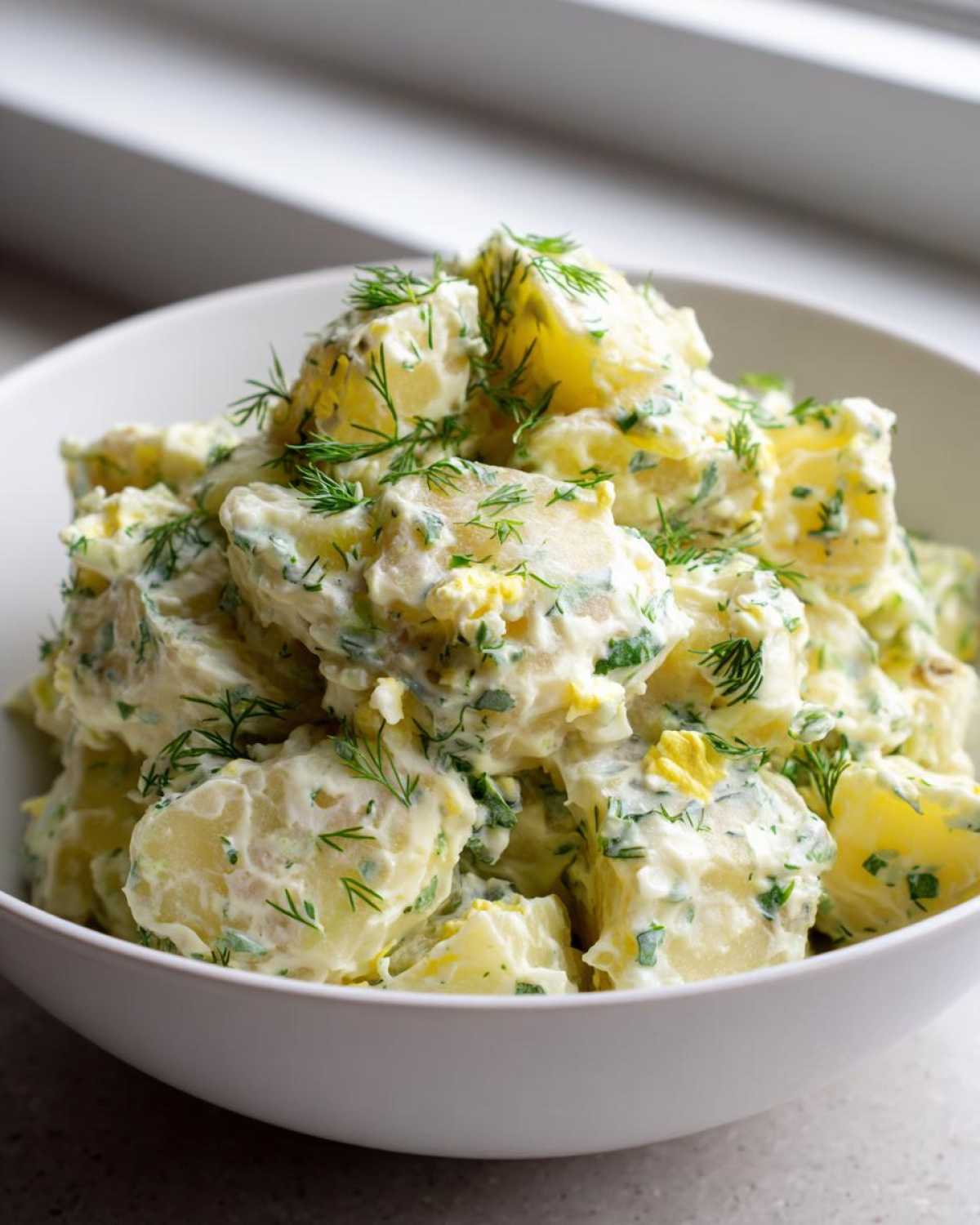 Close-up of a white bowl filled with chunks of potatoes coated in a creamy dressing and topped generously with fresh dill for Creamy Dill Potato Salad.