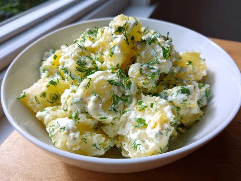 A close-up of a white bowl filled with chunks of potato coated in a creamy dressing and generously topped with fresh dill for Creamy Dill Potato Salad.
