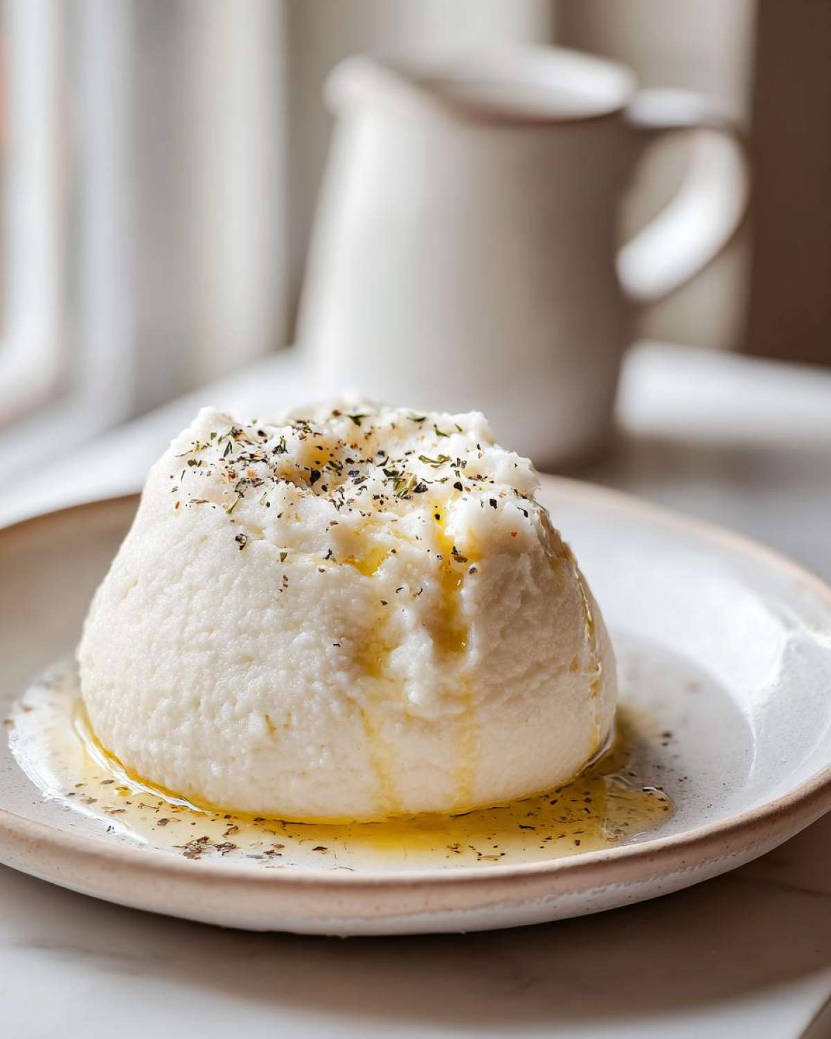 A perfectly molded serving of Creamy Garlic Mashed Cauliflower drizzled with melted butter or oil and sprinkled with herbs.