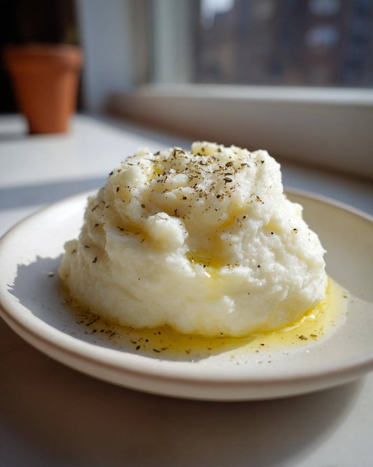 A mound of Creamy Garlic Mashed Cauliflower drizzled with melted butter and topped with herbs on a white plate.