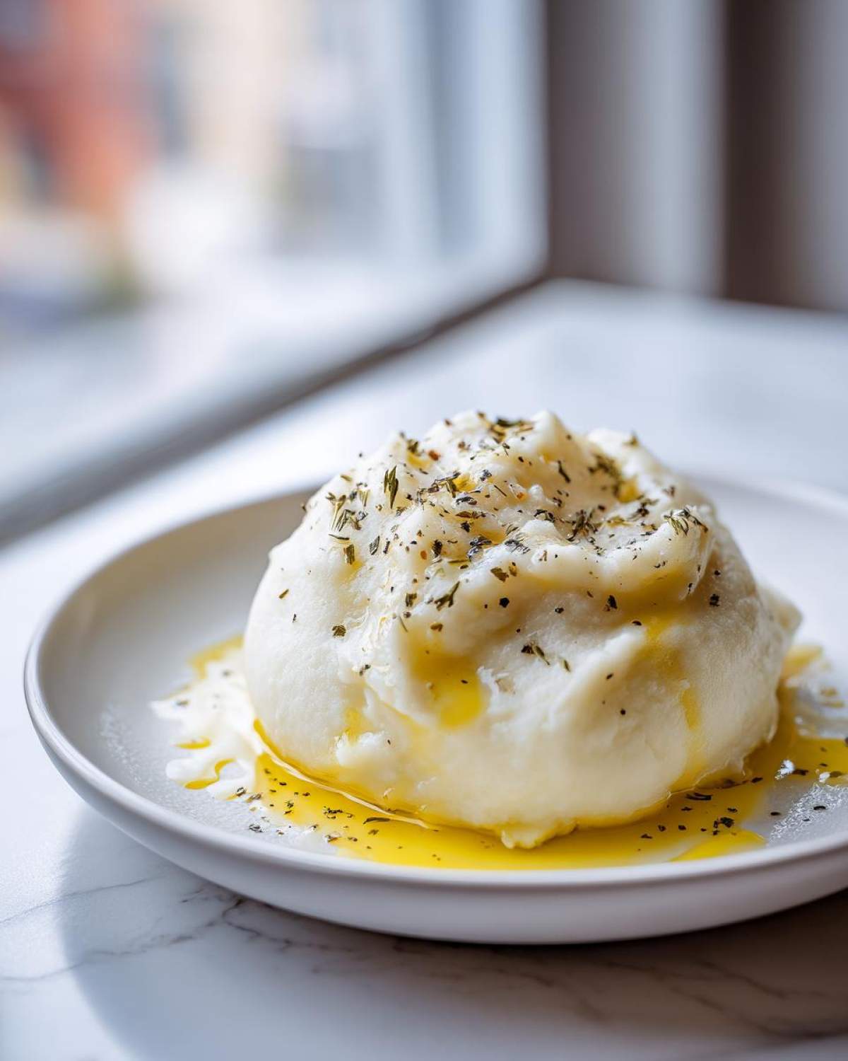 A dollop of smooth Creamy Garlic Mashed Cauliflower drizzled with melted butter or oil and sprinkled with herbs.