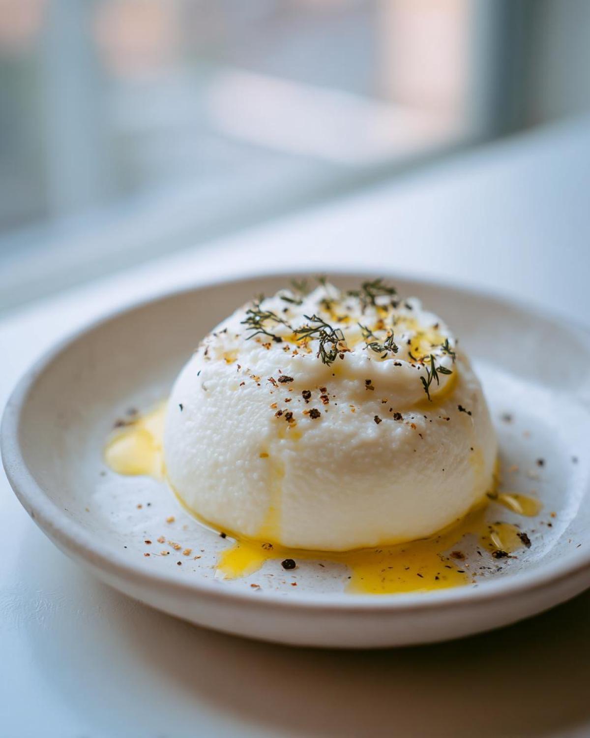 A mound of smooth, white Creamy Garlic Mashed Cauliflower topped with herbs and olive oil.